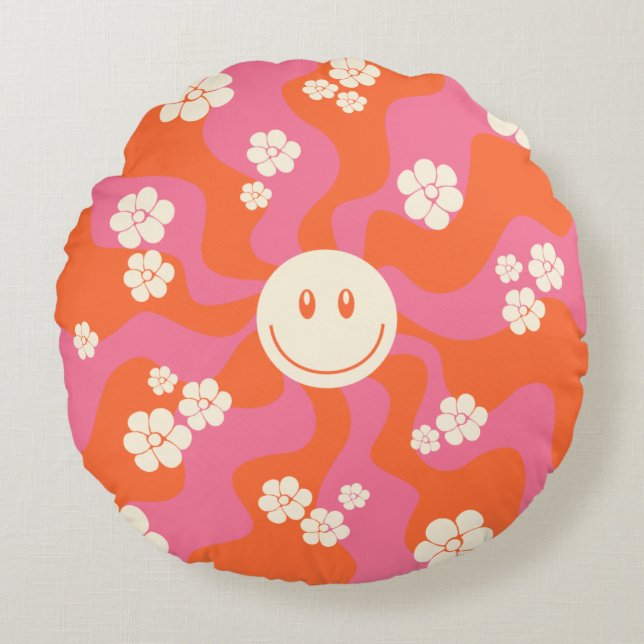Almofada Redonda Sorria - Rosa, Laranja e Creme (Frente)