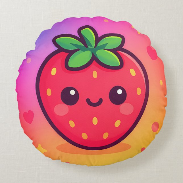 Almofada Redonda Sorrindo Kawaii Strawberry no moinho de gradiente  (Frente)
