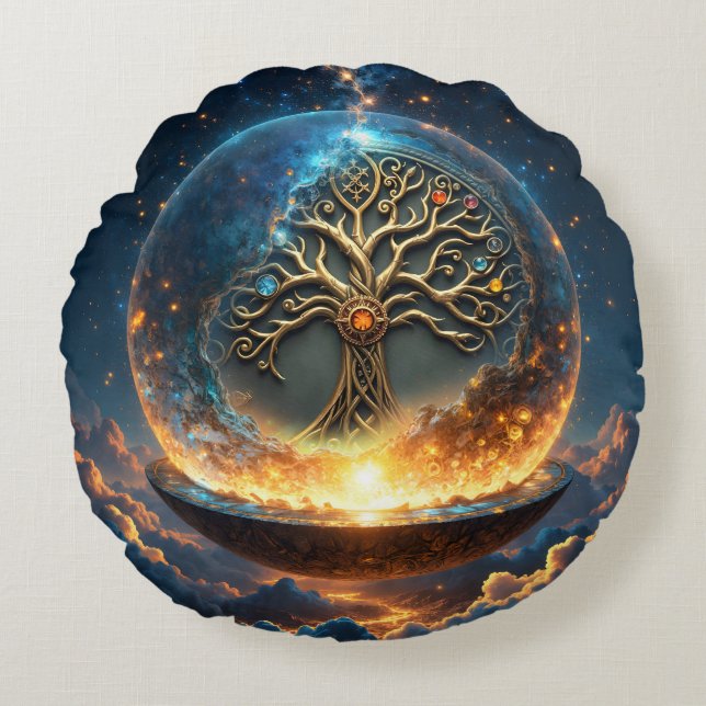 Almofada Redonda Sphere of Life – The Golden World Tree.  (Frente)