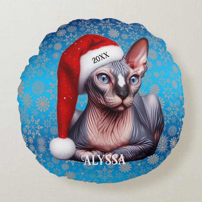 Almofada Redonda Sphynx Cat Bonito Natal Azul (Frente)