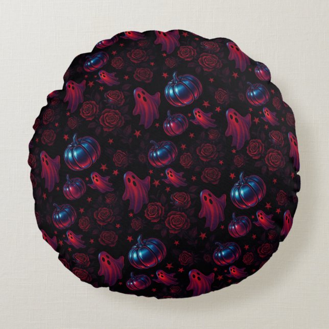 Almofada Redonda Spooky Pumpkin Ghost Rose Round Pillow (Frente)