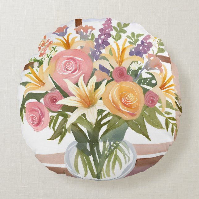 Almofada Redonda Spring Flower Bouquet | Pretty Floral Watercolor (Frente)