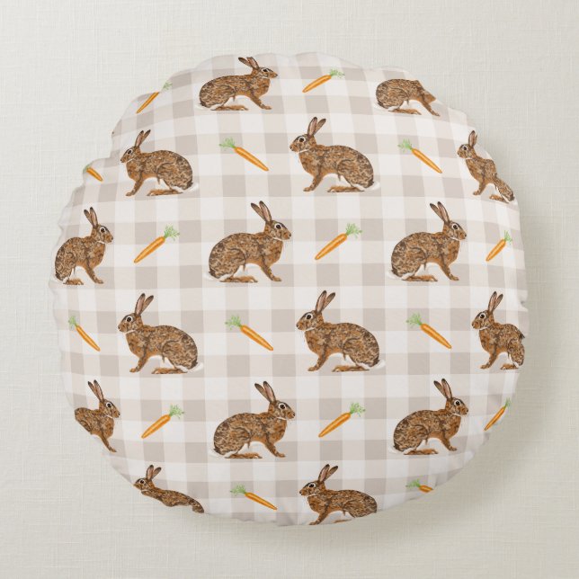 Almofada Redonda Spring Hare And Carrot Rustic Beige Gingham Easter (Frente)