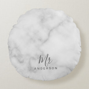 Almofada Redonda Sr. e Sra. Elegante White Marble Modern Script