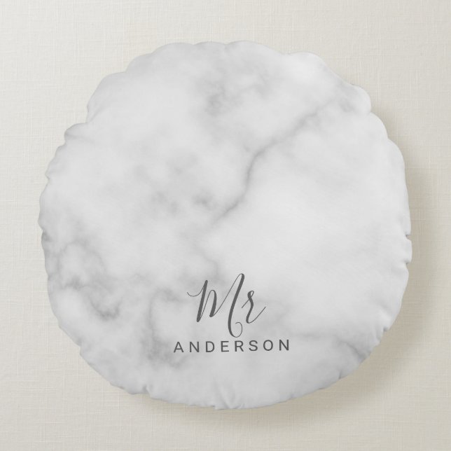 Almofada Redonda Sr. e Sra. | Elegante White Marble Modern Script (Frente)