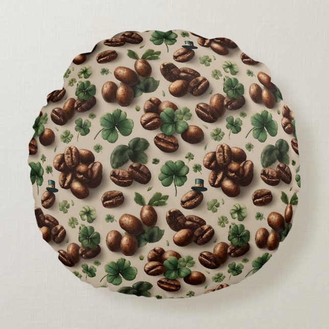 Almofada Redonda St. Patrick’s Day Coffee & Shamrock Pattern (Frente)
