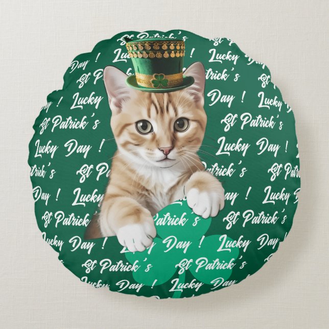 Almofada Redonda St Patrick's Lucky Day Cute Cat Leprechaun Hat, (Frente)