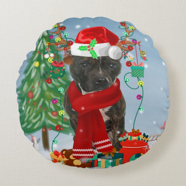 Almofada Redonda Staffordshire Bull Terrier Dog Snow Christmas T (Frente)