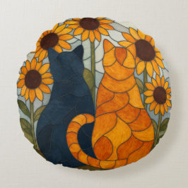 Almofada Redonda Stained Glass Cats and Sunflowers Art Design