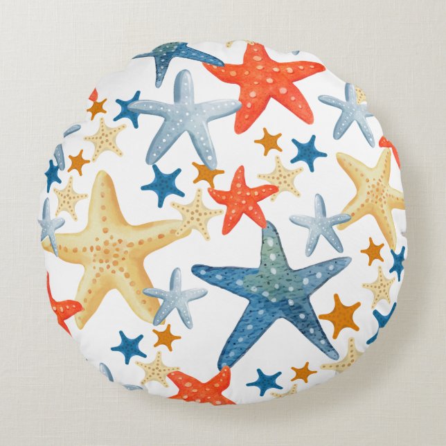 Almofada Redonda Starfish Seashell Pattern Blue Orange Coaster (Frente)