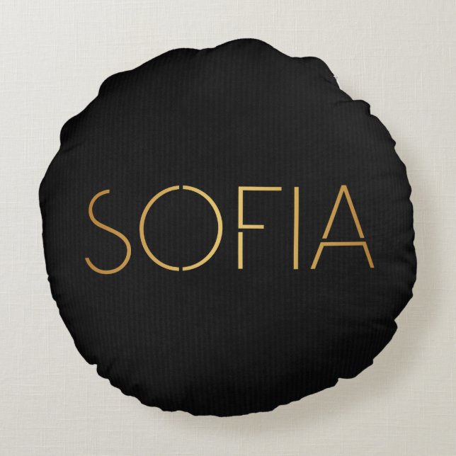 Almofada Redonda Stencil Personalizada Fonte Sofia Dourada Preta (Verso)