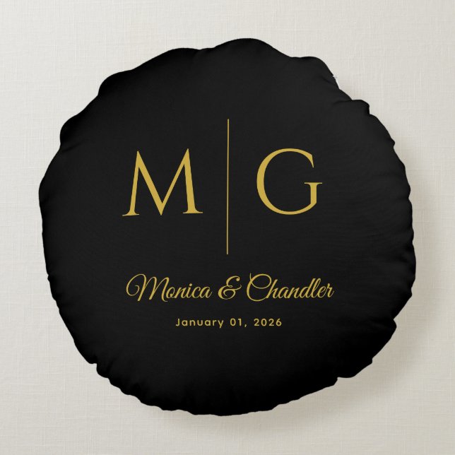 Almofada Redonda Stylish Monogram With Couple Name Black (Verso)