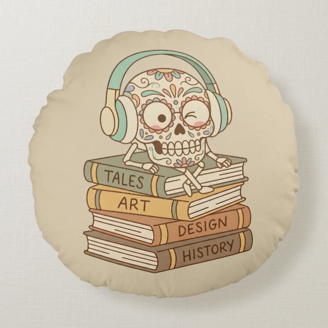 Almofada Redonda Sugar Skull Passionate About Reading (Frente)