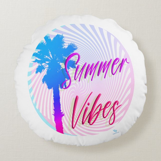 Almofada Redonda Summer Vibes Neon Palm Tree Beach Lifestyle (Frente)
