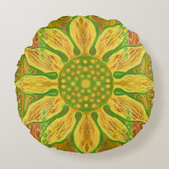 Almofada Redonda Sun Flower bohemian art amarelo laranja verde (Frente)