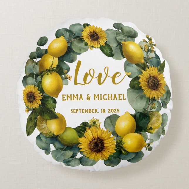 Almofada Redonda Sunflower Lemon Wreath Love Design (Frente)