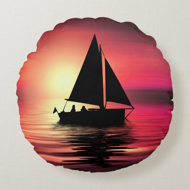 Almofada Redonda Sunset, Barco à vela no mar-39186 (Frente)