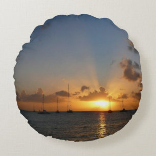 Almofada Redonda Sunset com Imagem de Paisagem Tropical de Barcos d