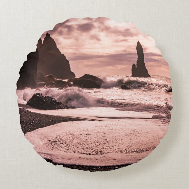 Almofada Redonda Sunset na praia de areia negra de Reynisfjara, Isl (Frente)