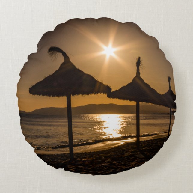 Almofada Redonda Sunset na praia, Maiorca, Espanha (Frente)