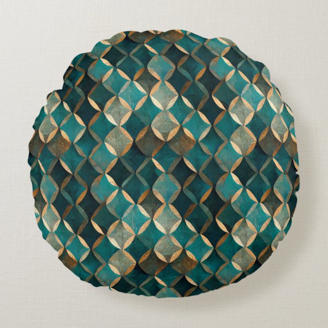 Almofada Redonda Super Luxe Teal e Dourado (Frente)