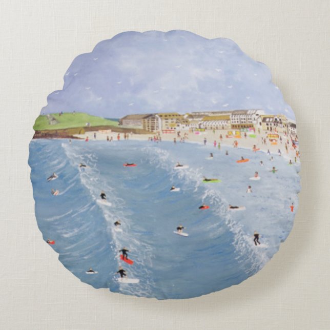 Almofada Redonda Surfar em Porthmeor (Frente)