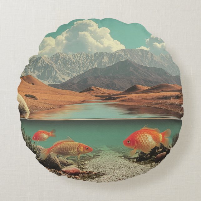 Almofada Redonda Surreal Desert and Lake with Goldfish (Frente)