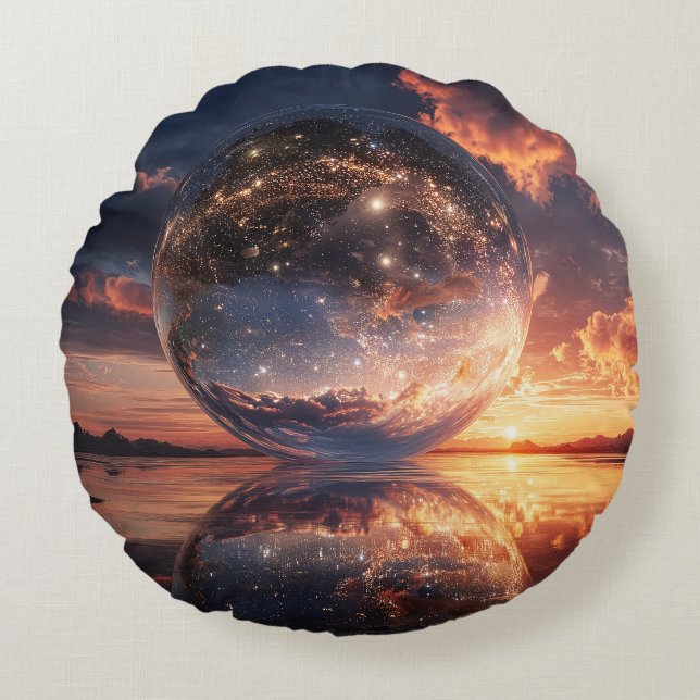 Almofada Redonda Surreal Reflective Sphere Containing Stars (Frente)