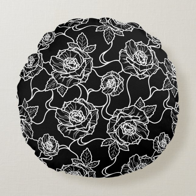 Almofada Redonda Sussurros de Rosa, Padrão Floral Elegante de Arte  (Frente)