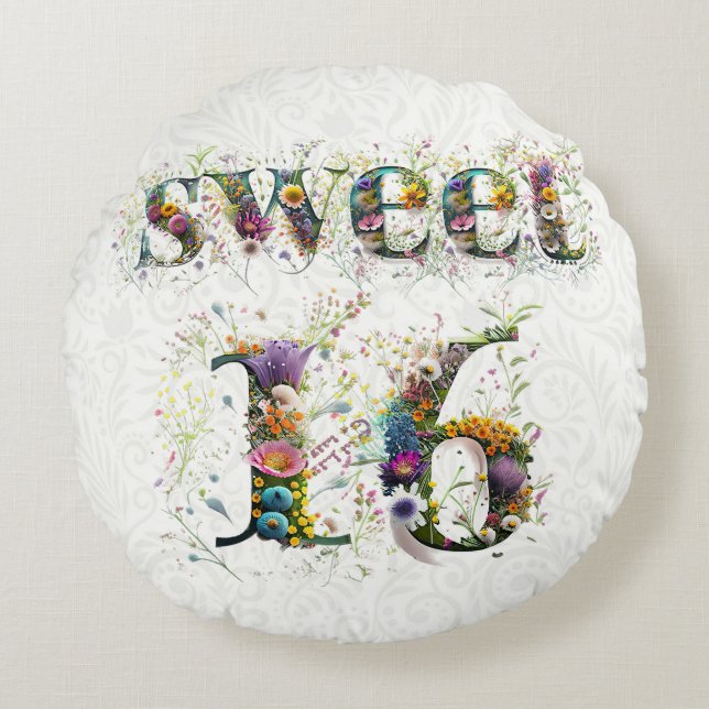 Almofada Redonda Sweet 16 Happy Birthday Wildflower Text (Frente)