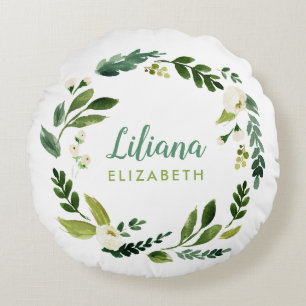 Almofada Redonda Sweet Greenery Wreath Baby Name Monograma