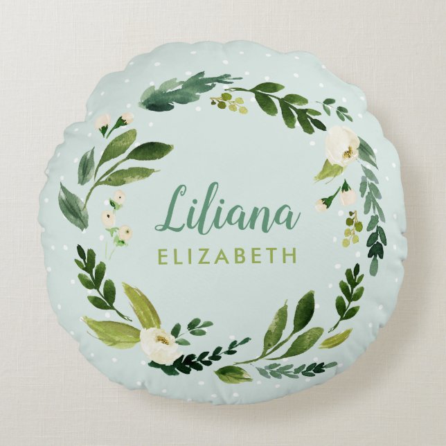 Almofada Redonda Sweet Greenery Wreath Baby Name Monograma (Frente)