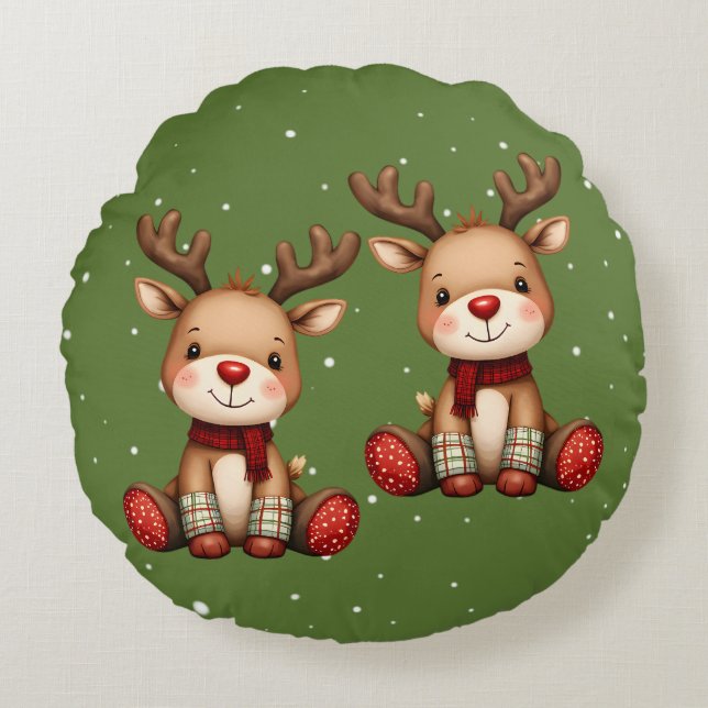 Almofada Redonda Sweet Reindeer Pair in Holiday Snowfall (Frente)
