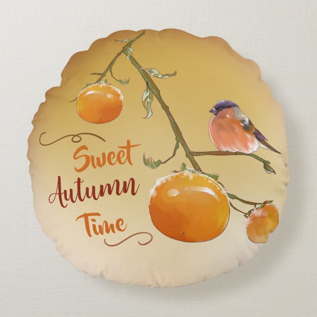 Almofada Redonda Sweumn Orange Persimmon Fruta & Bird Round (Frente)