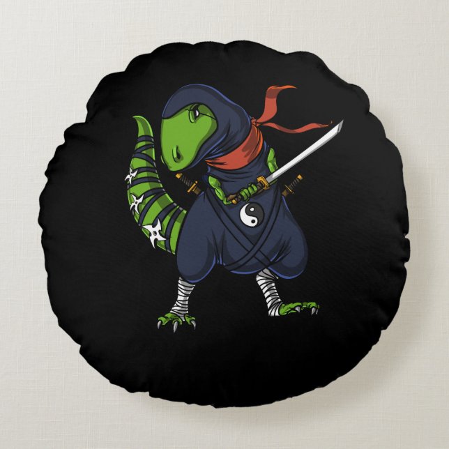 Almofada Redonda T-Rex Dinosaur Ninja Samurai Warrior (Frente)