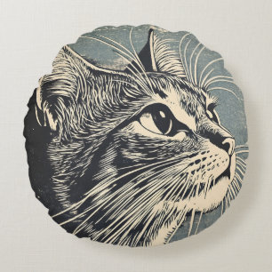 Almofada Redonda Tabby Cat Vintage Lino Impressão