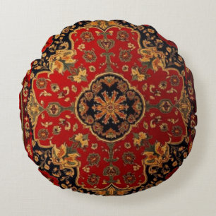 Almofada Redonda Tapete Persa Vermelho Dourado Vintage Kashan 