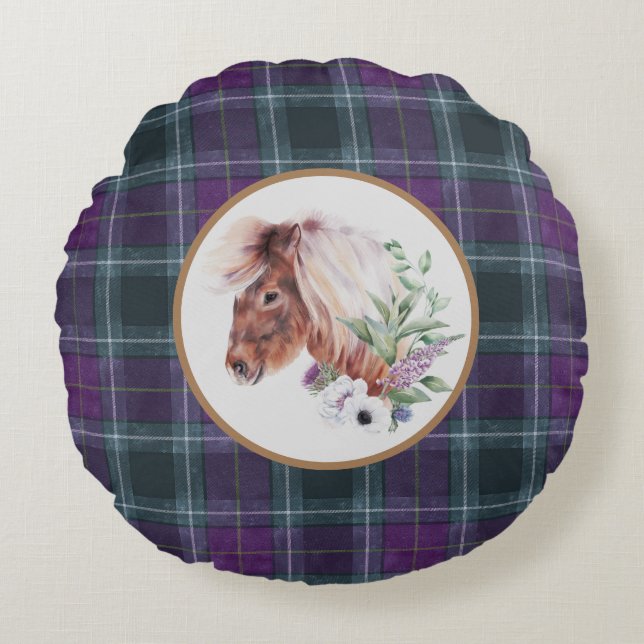 Almofada Redonda Tartan Floral Horse Scottish Themed (Frente)