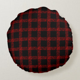 Almofada Redonda Tartan vermelho-russo e preto com linhas gravadas