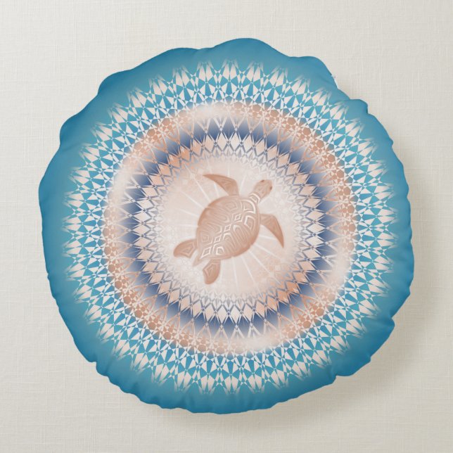 Almofada Redonda Tartaruga rosa Dourada Turquoise Mandala | Litoral (Verso)