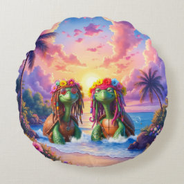 Almofada Redonda Tartarugas Reggae – Vibrações da Ilha para Sempre.