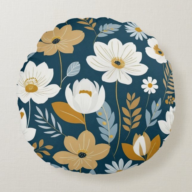 Almofada Redonda Teal, azul e dourado (Frente)