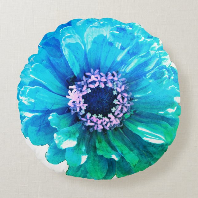 Almofada Redonda Teal Blue Daisy, flor azul (Frente)