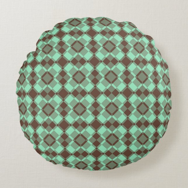 Almofada Redonda Teal Brown Checker Argyle Pattern (Frente)