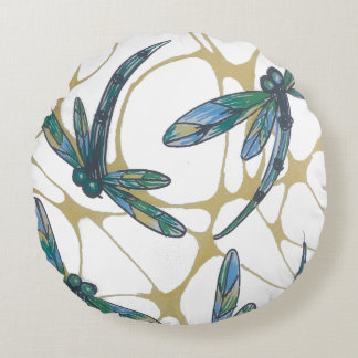 Almofada Redonda Teal & Emerald Dragonflies on Retro Yellow Groove