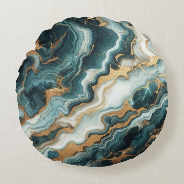 Almofada Redonda Teal Green E Dourado Marble (Frente)