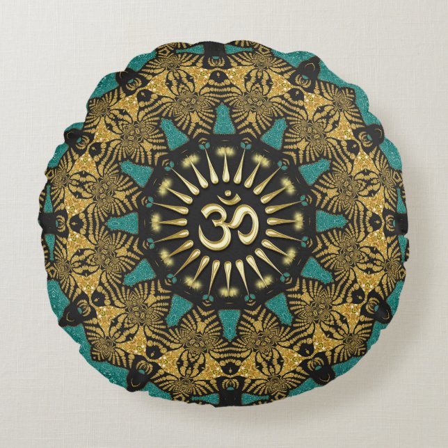 Almofada Redonda Teal Tribal Mandala Om Símbolo Travesseiro redondo (Frente)