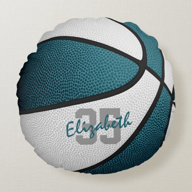 Almofada Redonda teal white boys basquete esportivo (Frente)