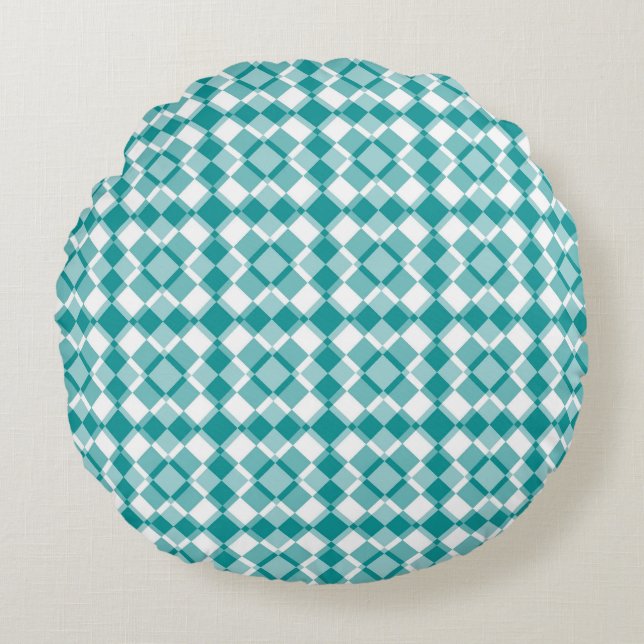 Almofada Redonda Teal White Checker Argyle Pattern (Frente)