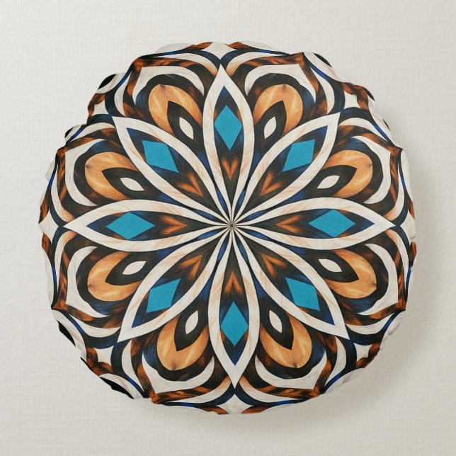 Almofada Redonda Tecelagem de Mandala de Flores  (Frente)